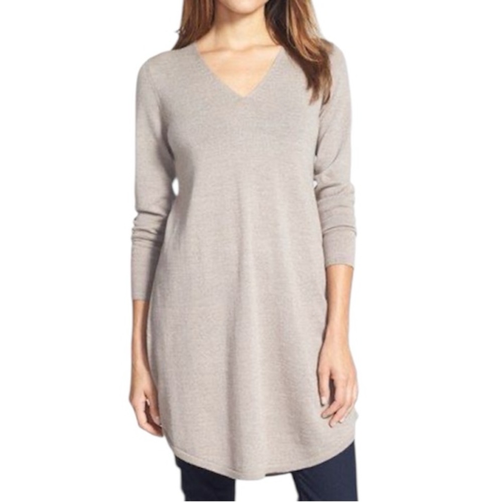 Eileen Fisher Lightweight Merino Jersey V-Neck Tunic Grey Small